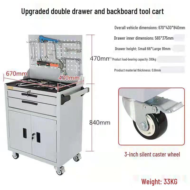 Movable Three-Layer Hand Cart: Multi-functional Auto Repair & Household Tool Box with Cabinet Door