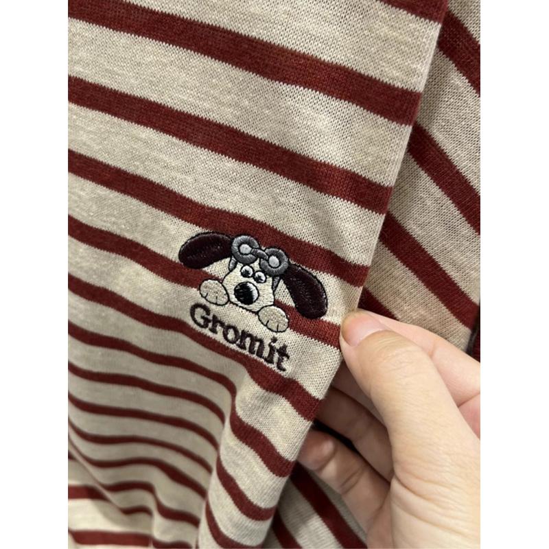Women Vintage Striped Cartoon Embroidery Oversized Cotton Basic T Shirt Casual O Neck Long Sleeve Loose Tunic Tops Ropa De Mujer