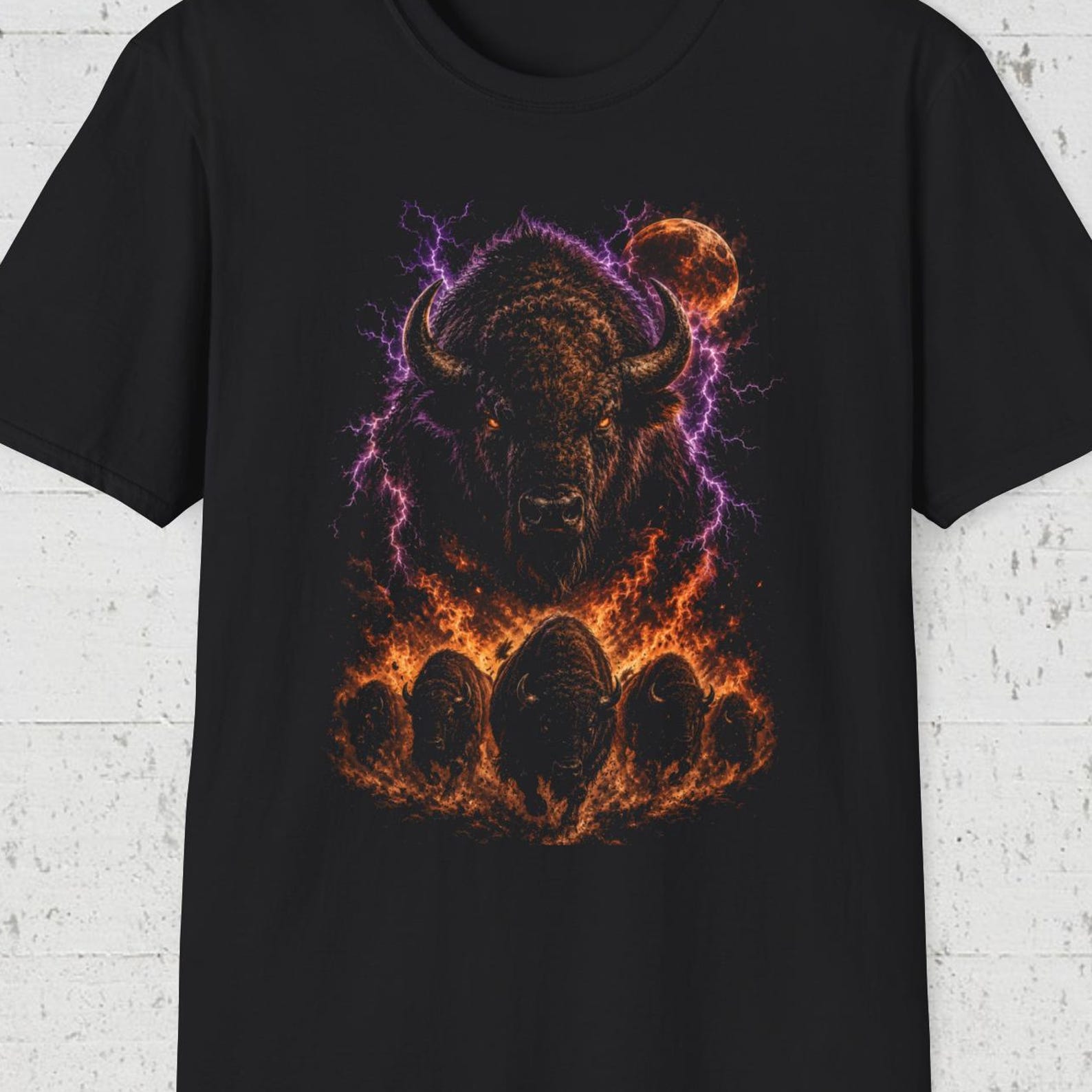 Fire Bison Moon Shirt, Cosmic Buffalo Tee, Lightning Buffalo Shirt, Mystic Bison T shirt, Wild Buffalo Moon Tee 3XL