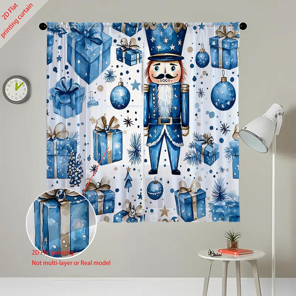 2 Christmas Blue Gifts Nutcracker Digital Printed Window Screens Home Decor Style Decoration Living Room Window Screens