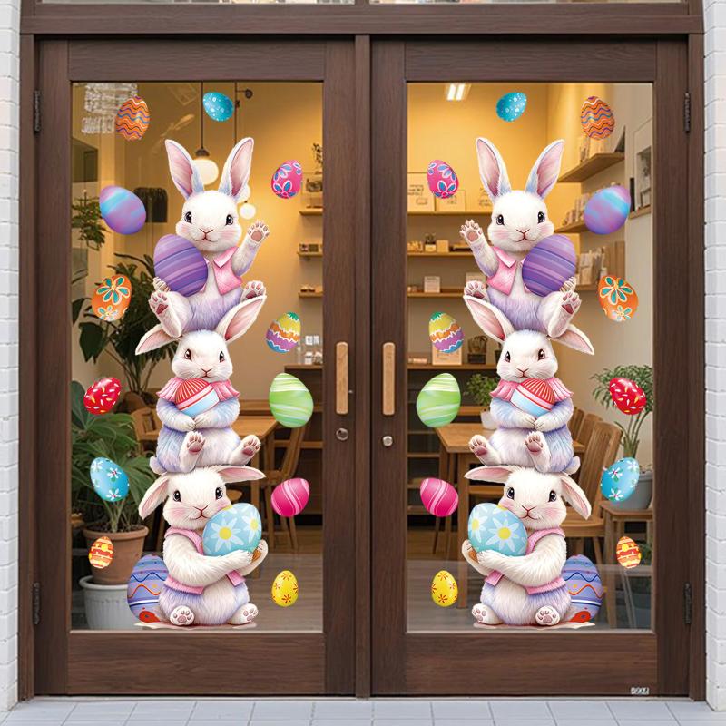 Easter Stacking Rabbit And Egg Laying Atmosphere Decoration Stickers Display Window Refrigerator Static Cling Stickers