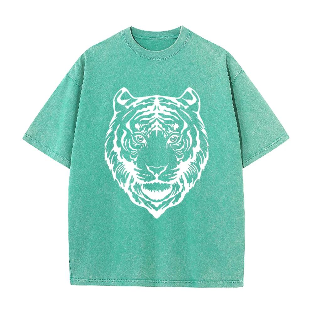 2026 Vintage Black White Tiger Head Line Art Graphic Black Acid Washed T Shirt Retro Wild Animal Oversized Unisex Casual Short S