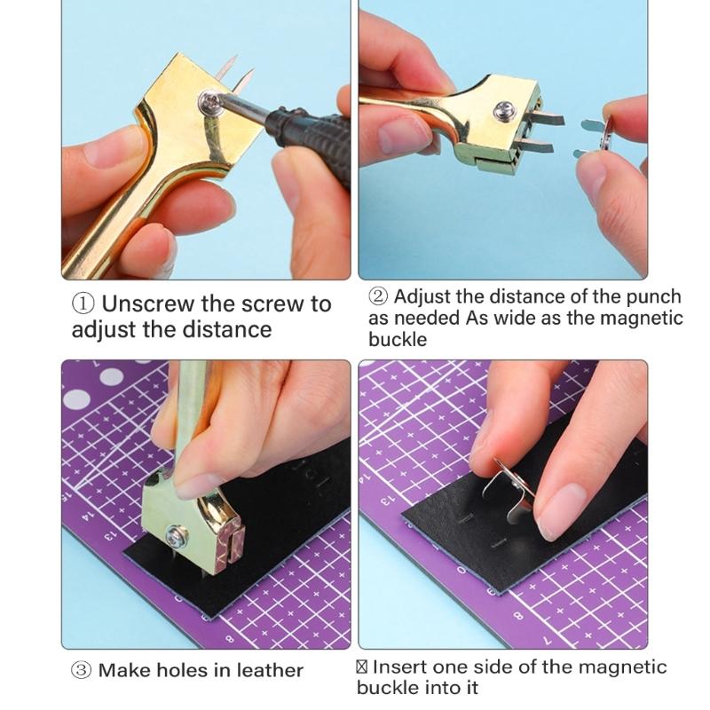 Leather Punch Tool Easy to Use Adjustable Fork Punch DIY Leather Tool Magnetic Buckle Installation Tool