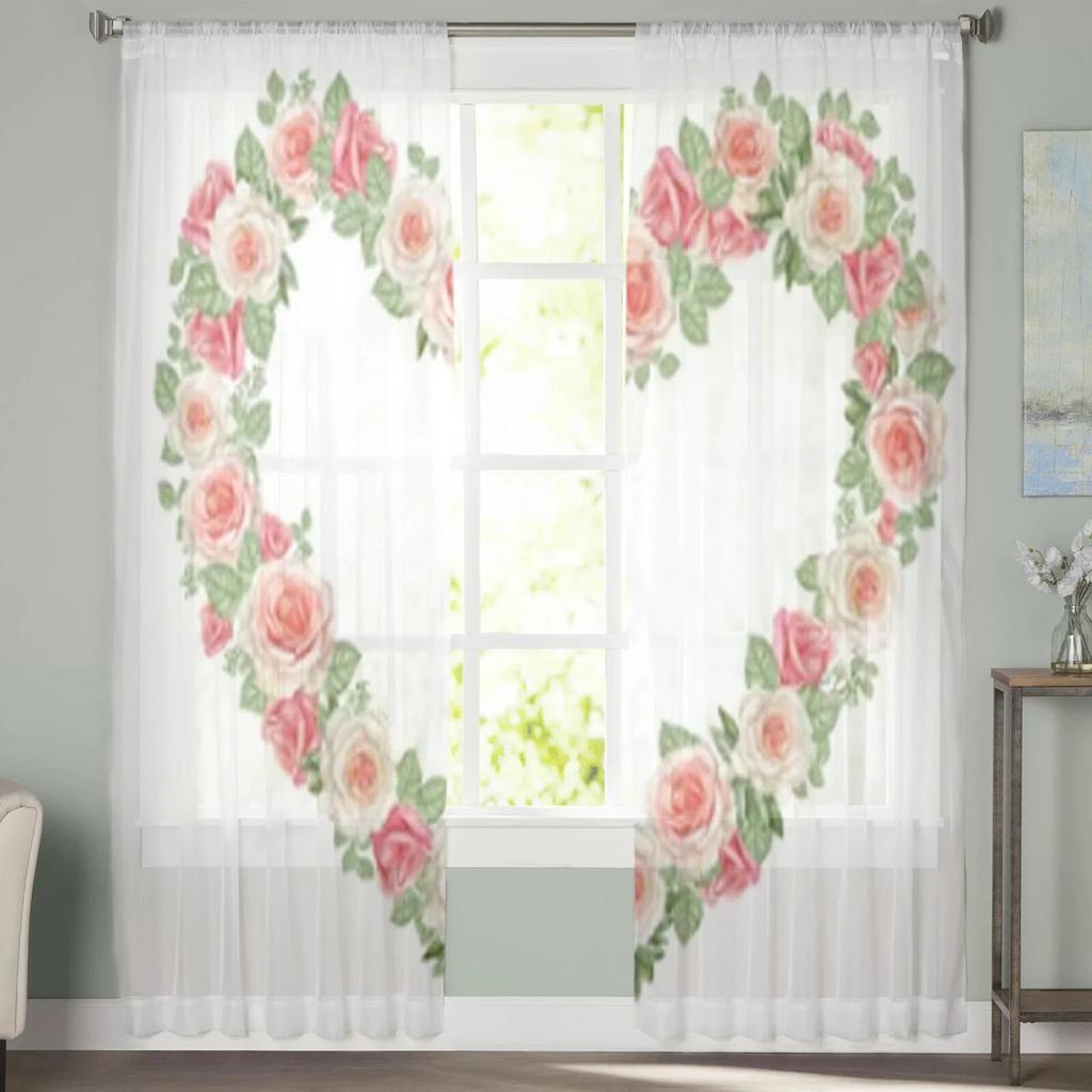 Watercolor Heart Rose Wreath Sheer Curtains For Living Room Window Transparent Voile Tulle Curtain Bedroom Drapes Home Decor