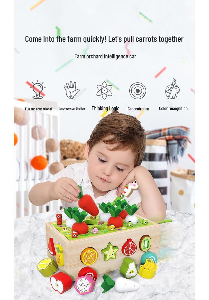 Wooden Educational Farm Orchard Toy with Building Blocks, Insect Catching, and Radish Pulling Activities