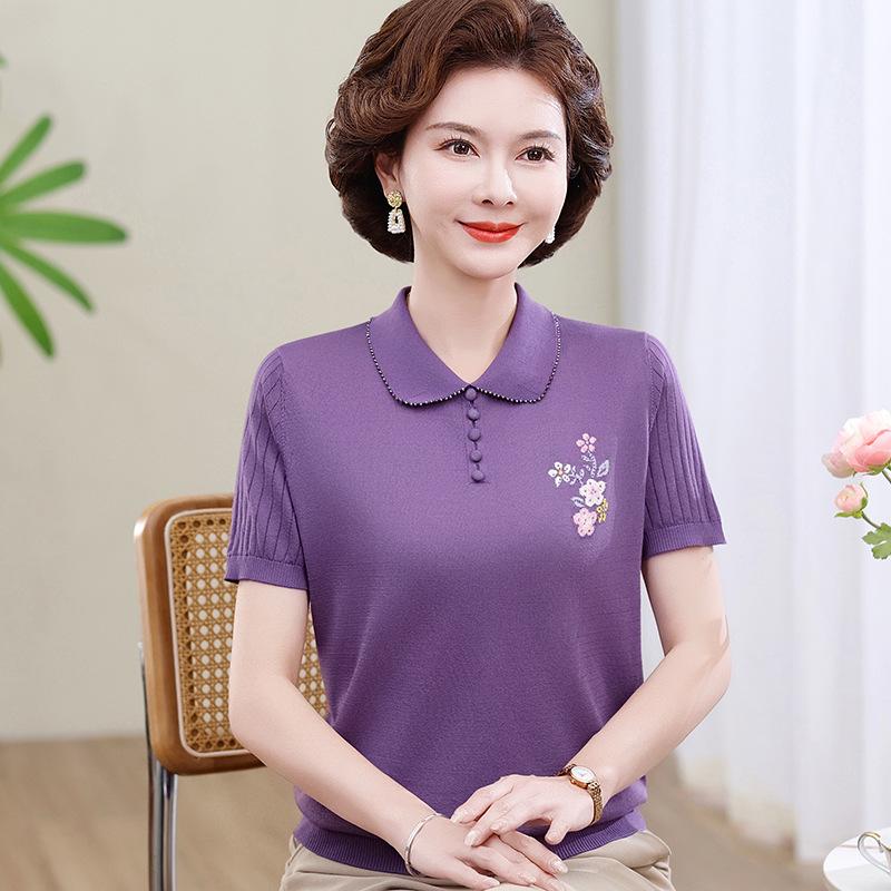 Stylish Ice Silk Knit Lapel Top for Middle-Aged & Elderly Women - Short-Sleeve Summer T-Shirt