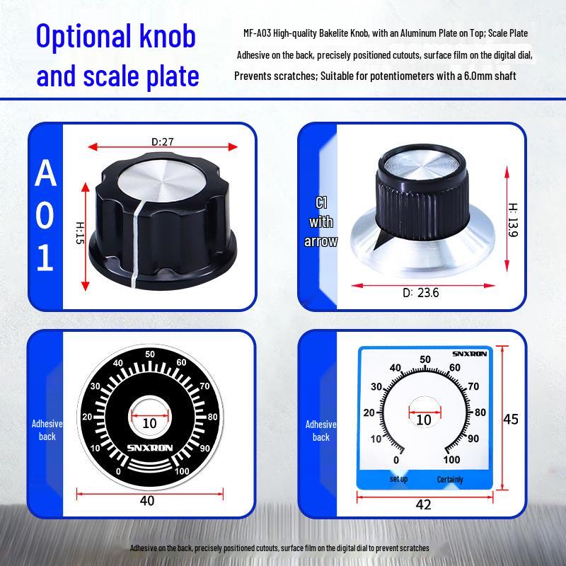 Dual-Gang Carbon Film Potentiometer: RV24YG20S, Variable Frequency Speed Control with B102/202/502 Knob Scale, Available In 5K/20K Ohm.