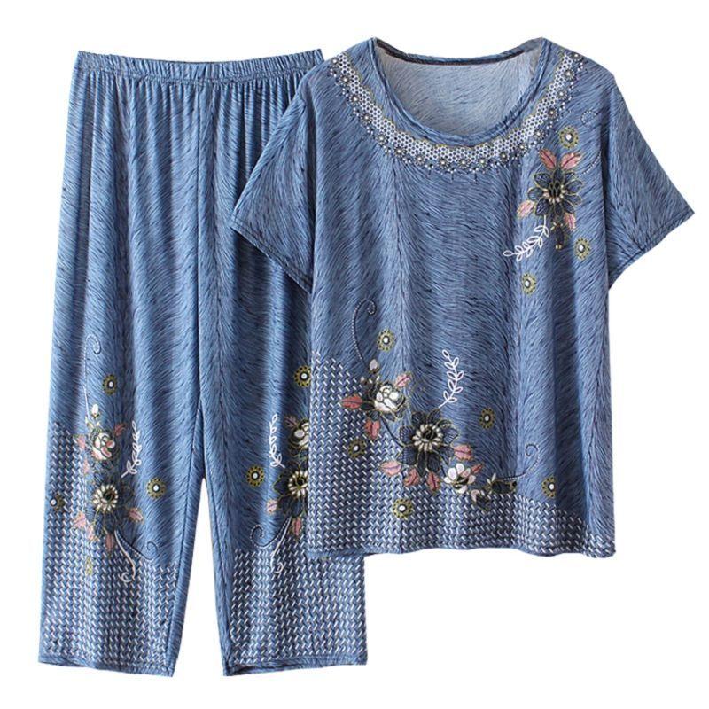 Sommer Kurzarm Outfit für Damen Elegant Viskose Zweiteiler für Mama Oma Stilvoll Dünn Bequem