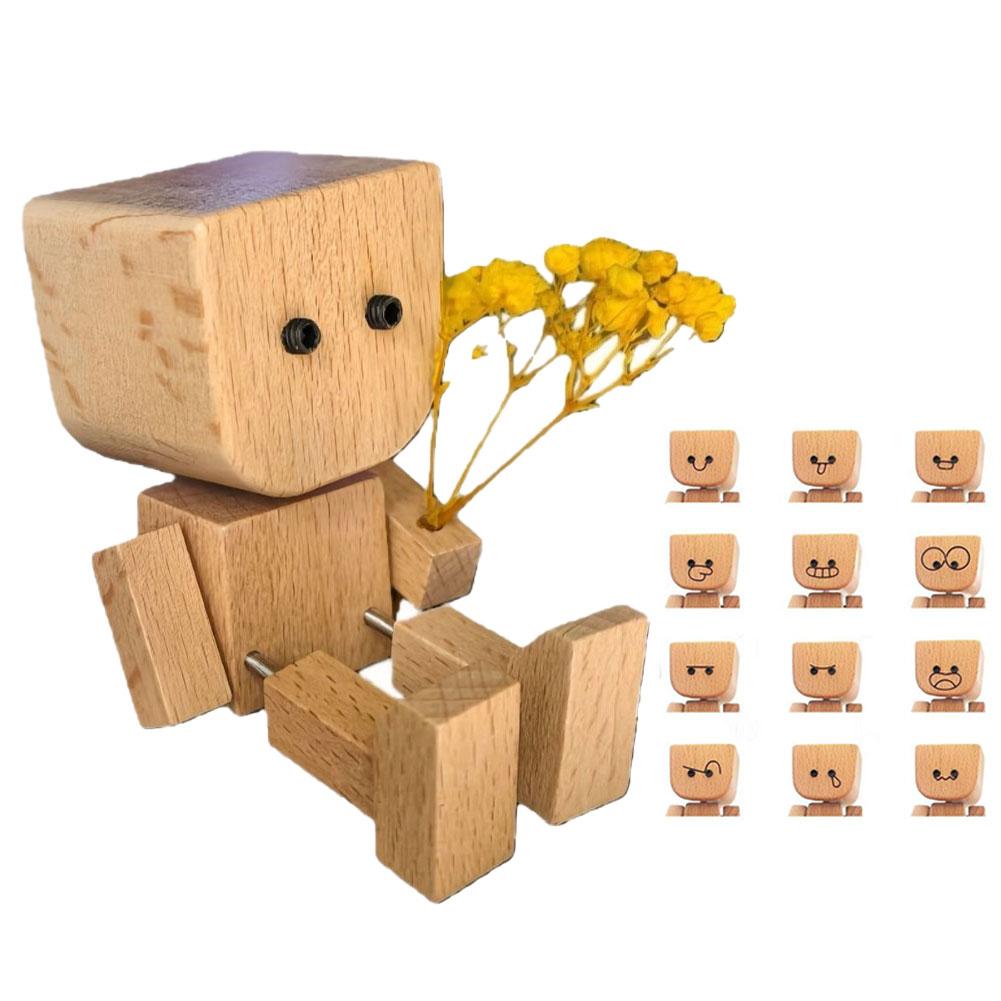 Cute Bow Leg-shaking Wooden Man Figurine Interior Wood Ornaments With 12 Magnetic Expressions Car Decoration Ornaments