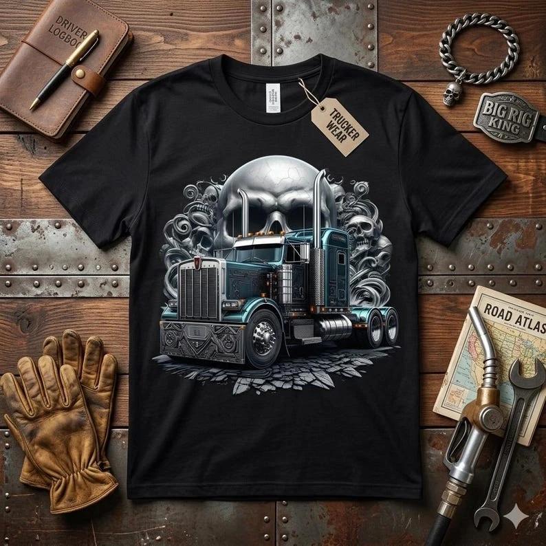 Metallic Blue Semi Truck Shirt, Chrome Skull Big Rig Tee Heavy Duty Trucker Gift S