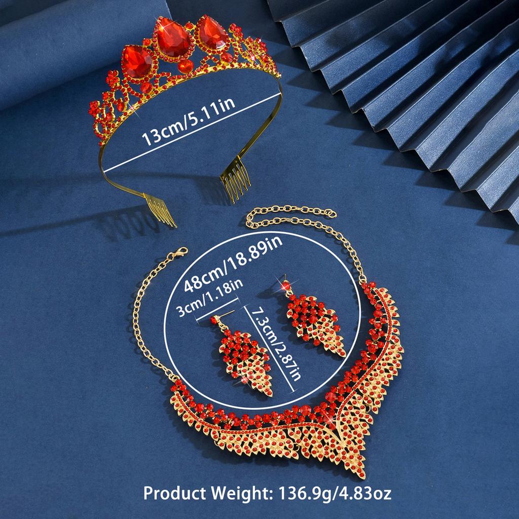 4PC Women's Fashion Water Drop Crown Necklace Earrings Zircon Set Suitable for Wedding, Party, Festival Gifts