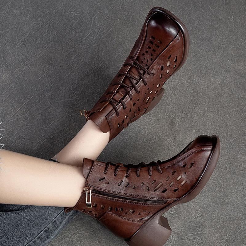 Johnature Stivali traspiranti scavati estivi Sandali con punta tonda retrò in vera pelle Scarpe con tacco medio da donna