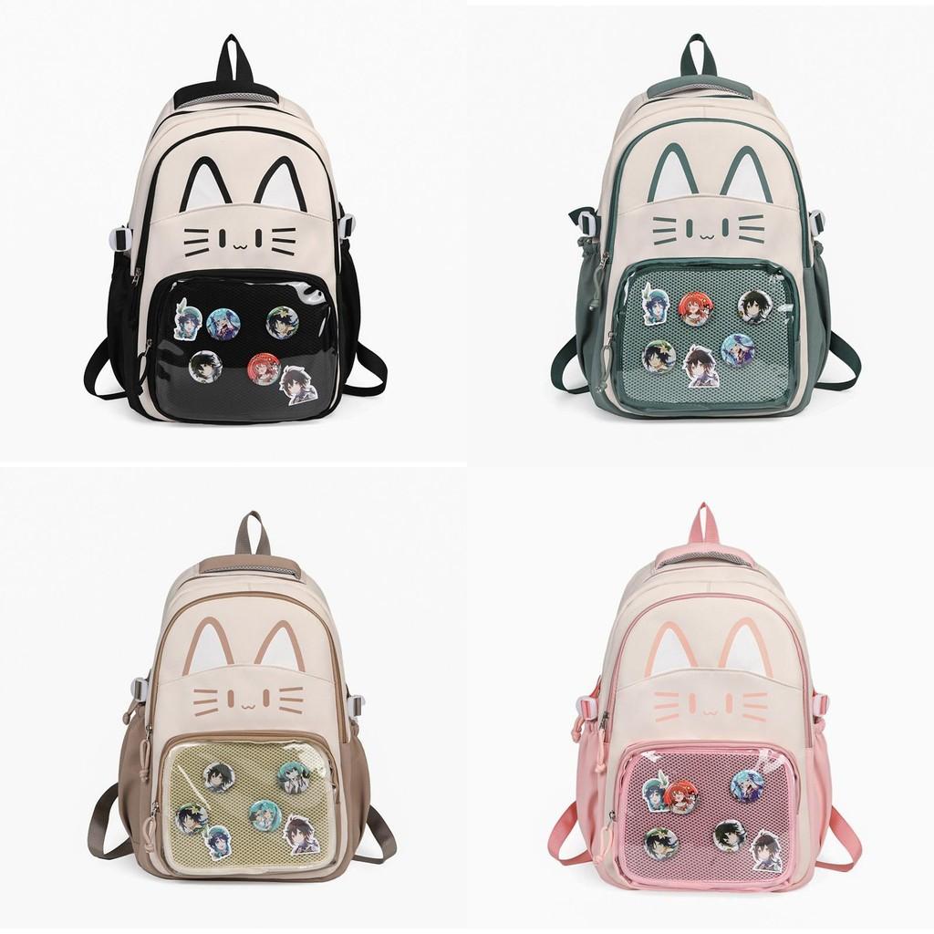 Cat Pattern Student Backpack With Transparent Compartment And Badge For Daily Use
