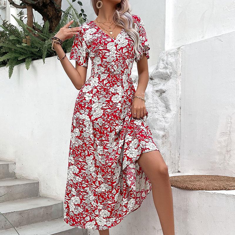 Summer New Holiday Sweet Pastoral V-neck Floral Print Dress