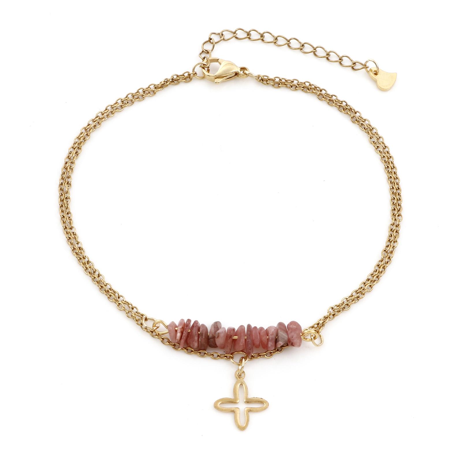 

304 Stainless Steel Rolo Chain Multilayer Layered Anklet Hollow Natural Stone Cross Charm Anklet For Women 22.5cm(8 7/8 ) long