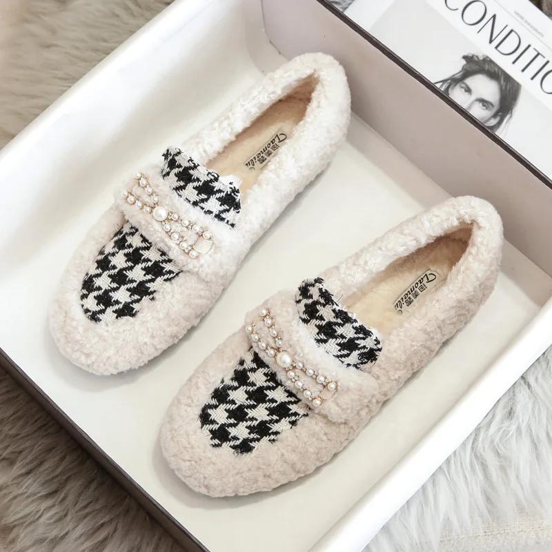 Winter Women Shoes Short Boots Houndstooth Casual Boat Bootie Ladies Plush Slip-on Loafers