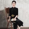Embroidery Black Golden Velvet National Style New Chinese Long Autumn Long-sleeved Cheongsam Improved Young Women's High Sense