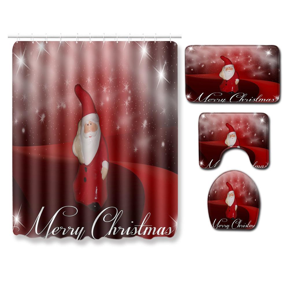 Christmas Shower Curtain Floor Mat Combination Four-Piece Set Bathroom Toilet Carpet Shower Room Mat Foot Mat