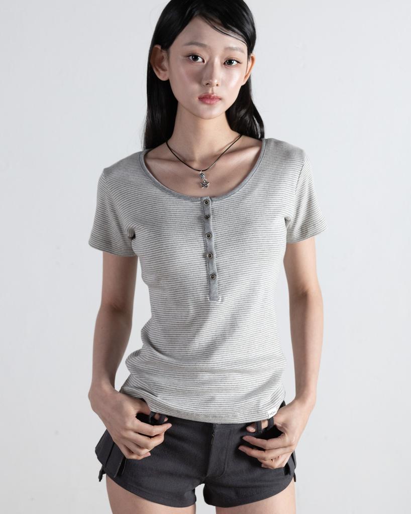 Maegolenseoul Henley Neck T-Shirt Striped Melange Grey