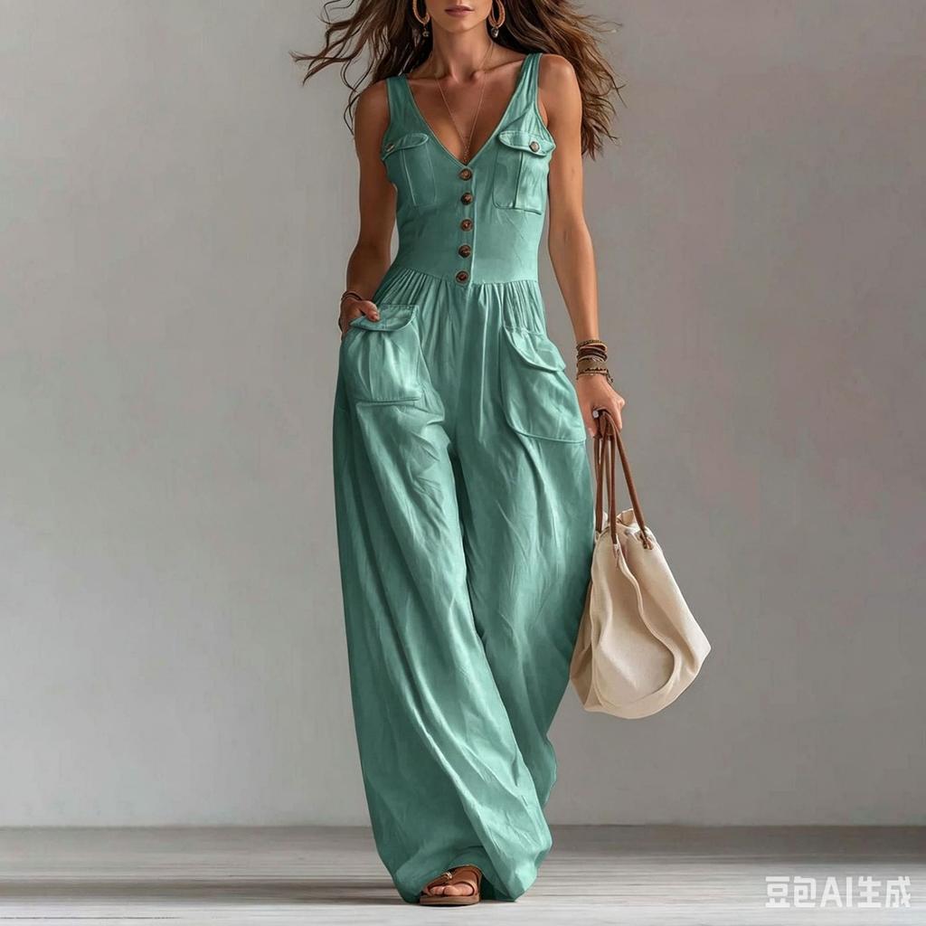 Women's Jumpsuits & Rompers - Summer Women V-neck Button Pocket Jumpsuit Casual Sleeveless Romper for Daily