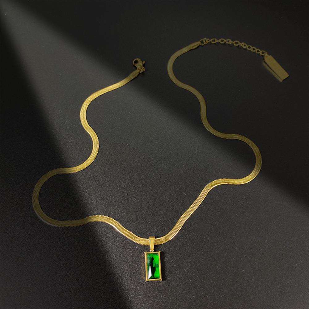 Temperament Luxury Geometric Square Green Zircon Pendant Gold Color Stainless Steel Snake-bone Chain Necklace for Women Jewelry