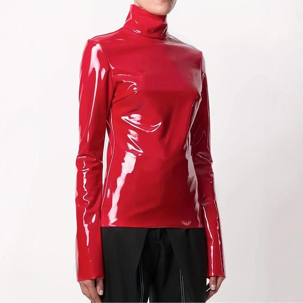 Women's European & American Mirror Leather Nightclub Zipper T-Shirt