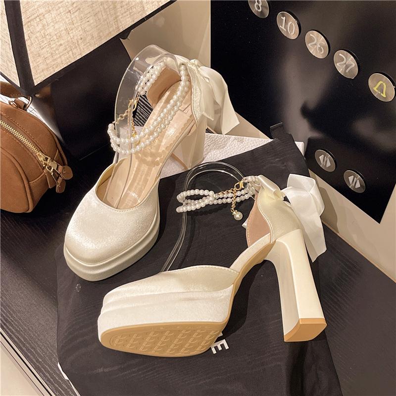 2025 New Suede Pearl Foreign Trade Shoes Women's Square Head Thick Heel High Heel Single Shoes Bow Waterproof Table Single Shoes Women