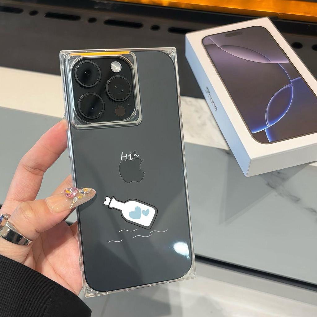 Clear Square Back Tube Case Protection For iPhone 14 Pro Max 16 ProMax 13 12 15 Plus 11 Heart Bottle Pattern