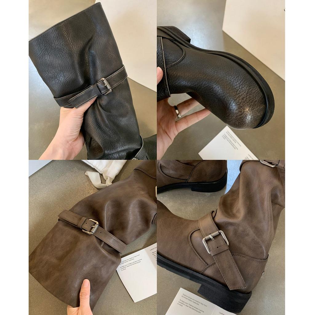 Retro Spice Girl Fashion Wide Tube Big Tube Circumference Round Head Pants Boots Thick Heel Thick Bottom Medium Length Knight Boots Women