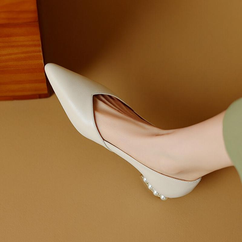 Fashion NEW Spring Women Pumps Split Leather Shoes for Women Pointed Toe Low Heel Women Pumps Pearl Handmade Shoes Concise Ladies Shoes
