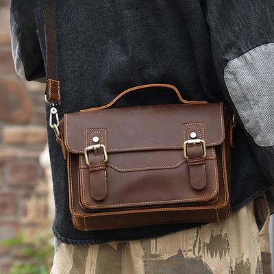 Men's Small Square Bag Mad Horse Leather Casual Vintage Shoulder Bag Men's Genuine Leather Crossbody Bag Men's Vintage Messenger Bag