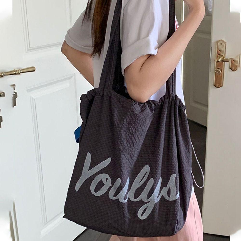 Canvas Nylon Shoulder Bag Korean Style Letter Printed Handbag Fashion Drawstring Tote Bag Women