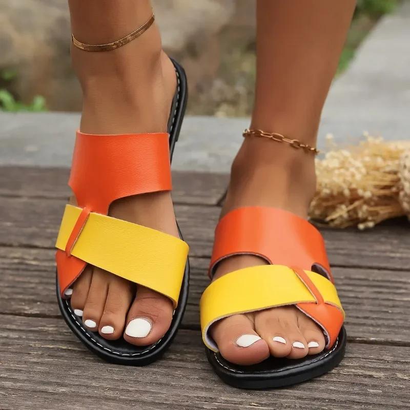 Ladies Summer New Fashion Color Block Open Toe Flat Non-Slip Womens Shoes PU Leather Beach Party Women's Slippers Large Size