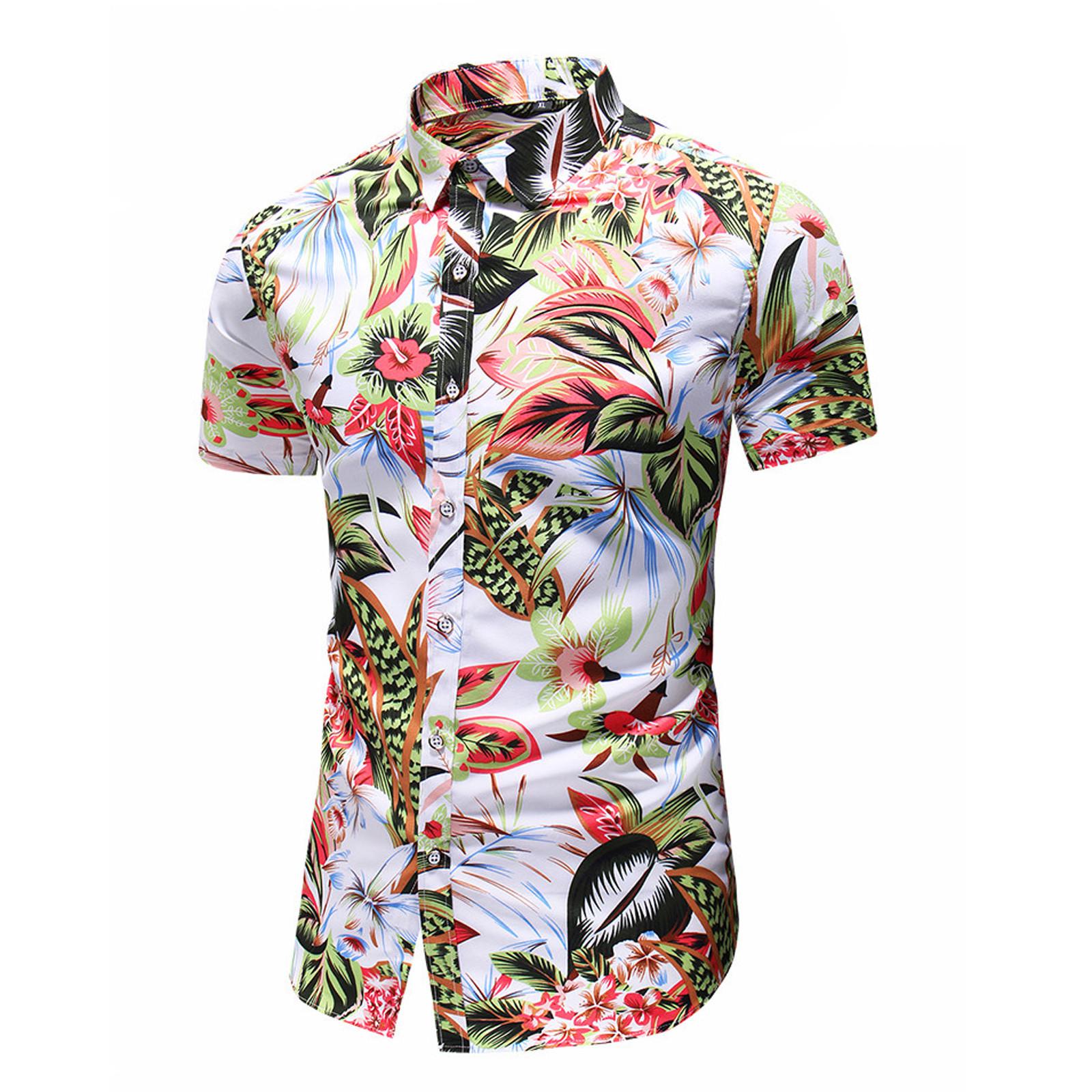 

Men s youth fashion casual print cardigan Lapel short sleeve Slim Fit Shirt XL білий