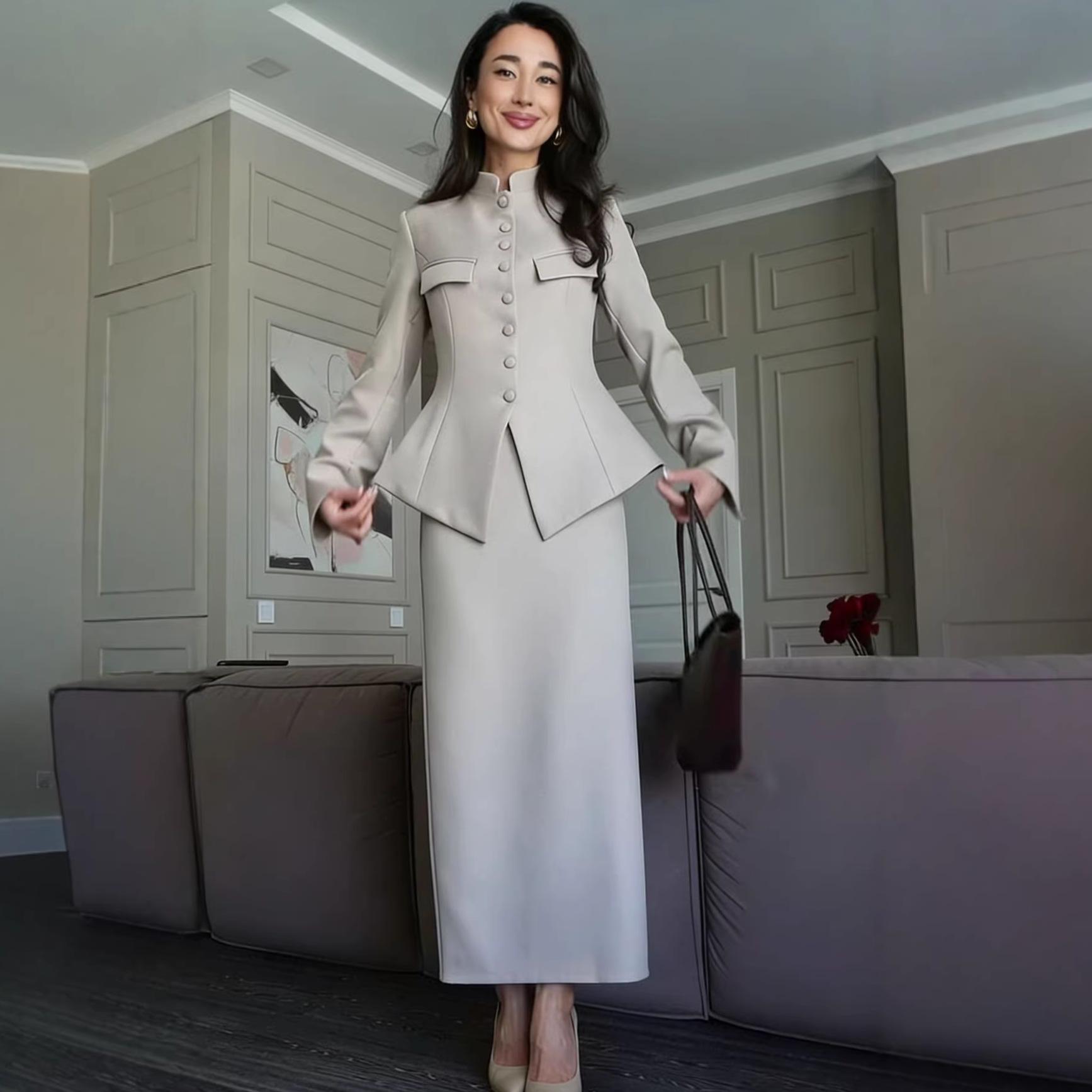 2026 autumn new European and American Amazon cross-border stand-up collar waist suit suit long skirt two-piece set XS