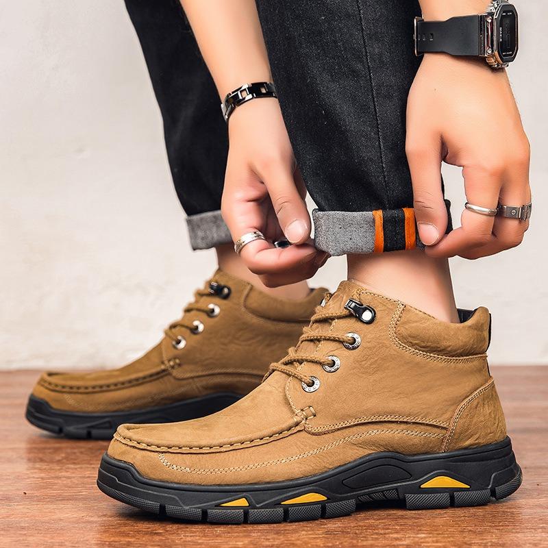 Large size autumn and winter high-top matte leather casual shoes men's top layer cowhide velvet outdoor men's shoes tooling boots