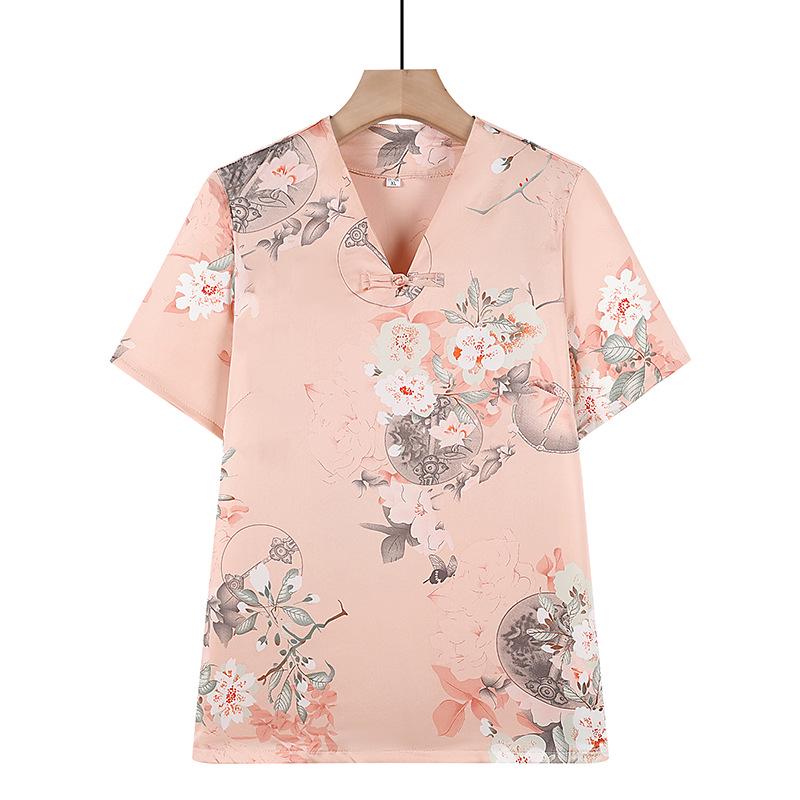 

2026 Summer Retro V-Neck Chiffon Pullover Top for Elderly Women 3XL recommended for 115-125 jin рожевий