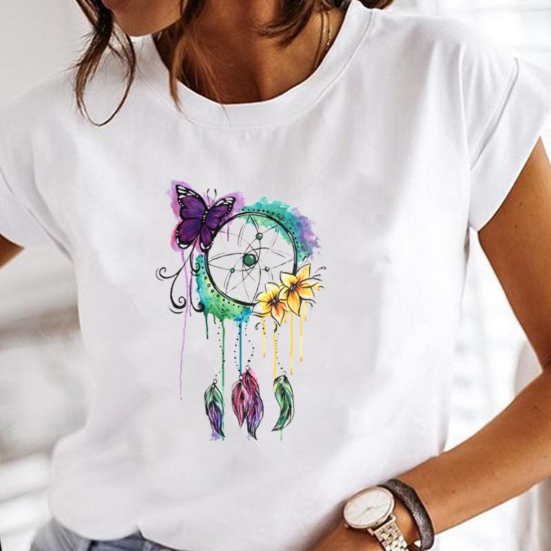 90s Cute Women Short Sleeve Flower Watercolor Trend Print Tee Top Summer Fashion T-shirt Clothing Casual Lady Female Graphic T-shirt