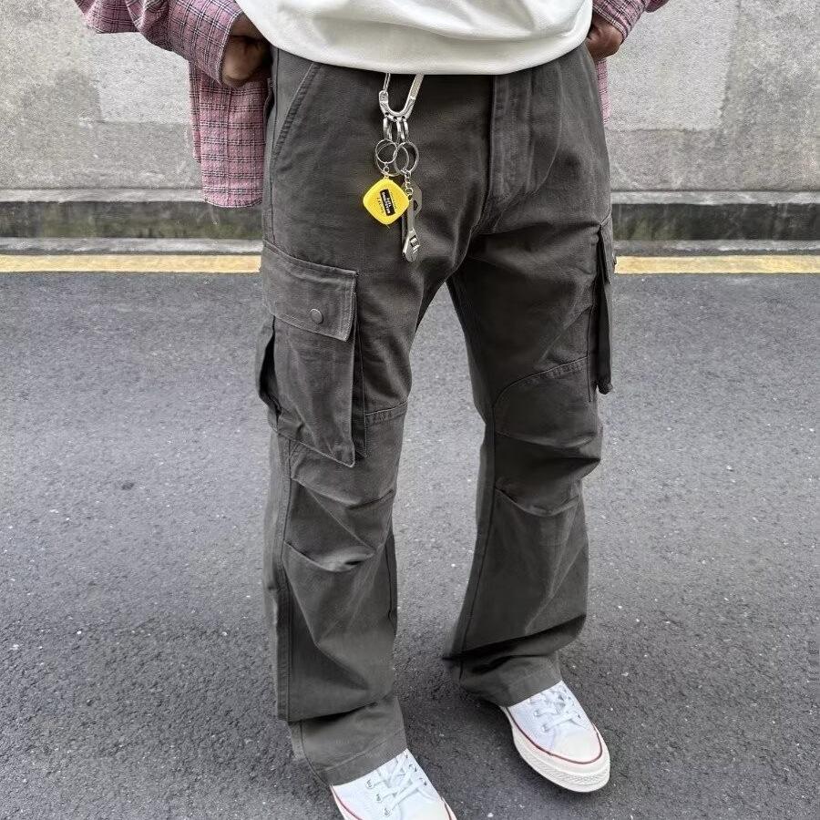 

American Retro Distressed Micro-Flare Slimming Multi-Pocket Casual Pants S зелений