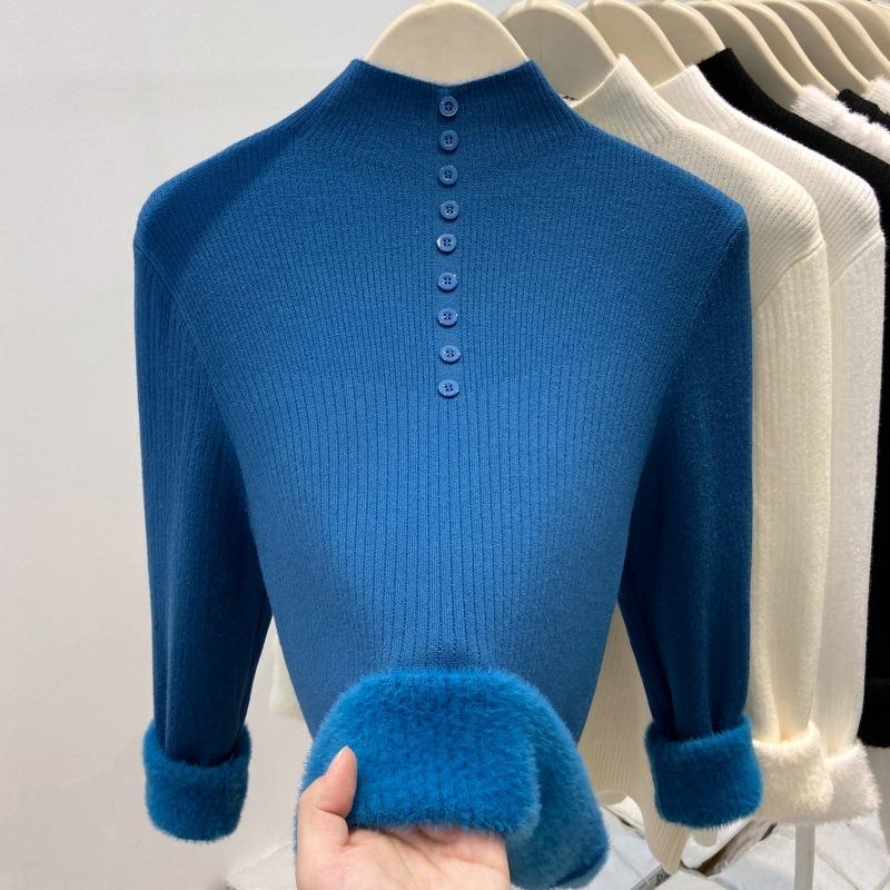 Semi-turtleneck button-knitted sweater women's thickened integrated fleece warm top spring solid color inner bottoming shirt