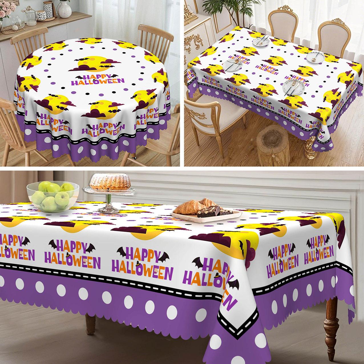

1 Halloween Purple, White Dot, Yellow Moon Pattern Tablecloth, Suitable For Round Tables round tablecloth-152x152cm