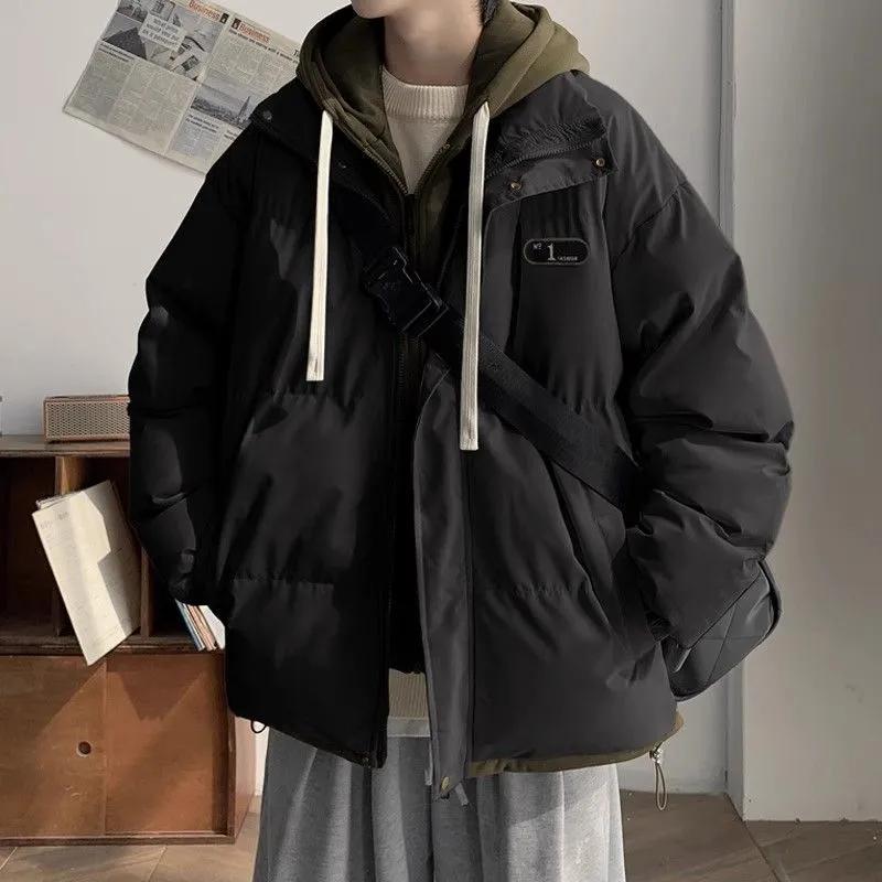 Fake Two Pieces Casual Hooded Parkas Winter Cotton Liner Men's Clothing Patchwork Basic Long Sleeve Stylish Patch Designs Parkas