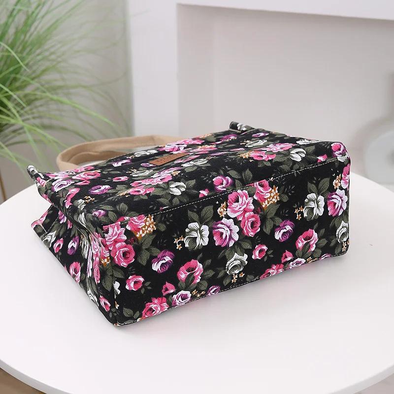 Fashion Floral Print Tote Bag Portable Canvas Lunch Bag Women's Casual Handbag Bento Mommy Shoulder Bag For Picnic Travel