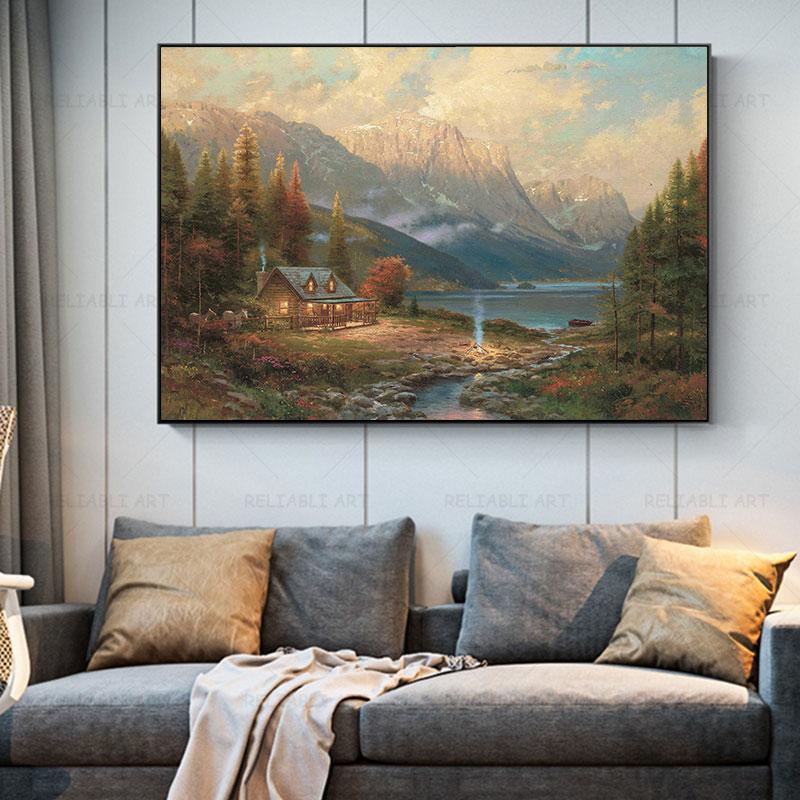 Pastorial Oil Painting, Canvas, Painting, Landscape Posters and Prints, Photographs with Mountain Rivers, Living Room Decor