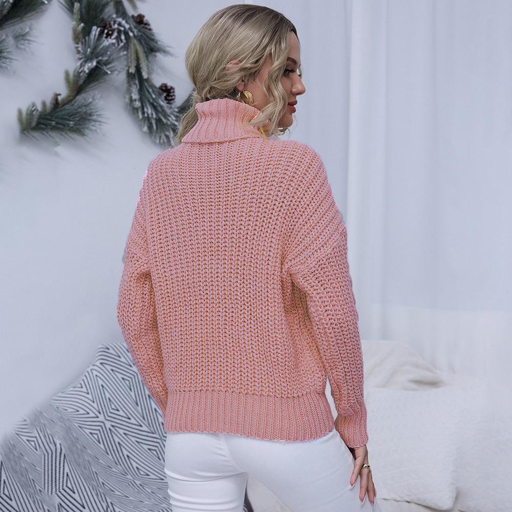 European & American Style Solid Color Cable Knit Turtleneck Sweater - Versatile Autumn/Winter Pullover