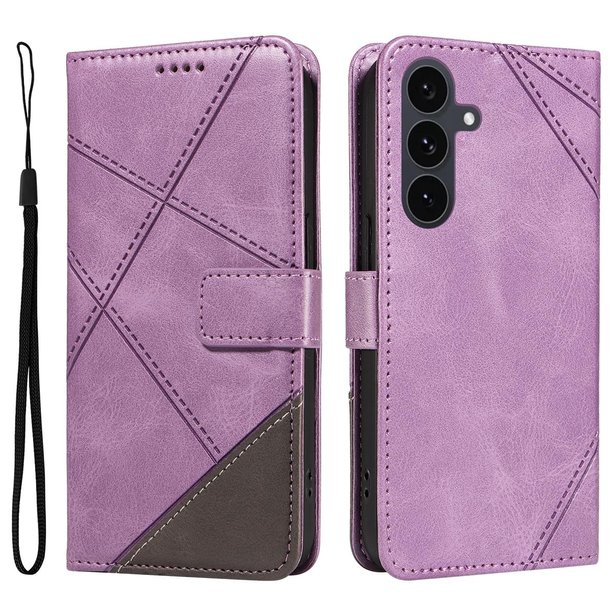 

Кожаный чехол для Samsung Galaxy S25 FE с геометрическим дизайном линий, кошелек, чехол для телефона с ремешком на запястье Purple