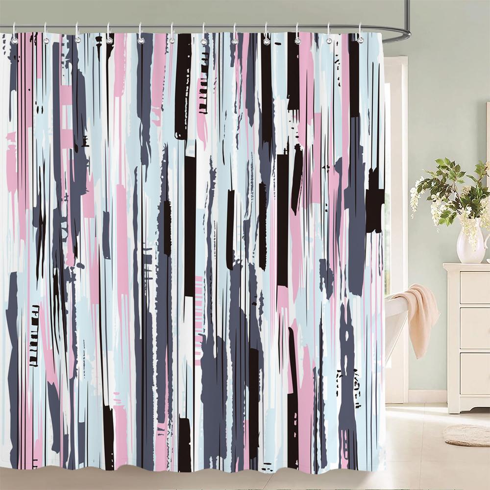 Geometric Stripe Printed Shower Curtain Color Art Polyester Fabric Shower Curtain Home Bathroom Decoration Curtain with Hooks