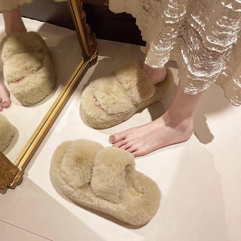 Mao Mao slippers women's new high-end outdoor wear versatile autumn and winter one-word thick-bottomed cotton slippers