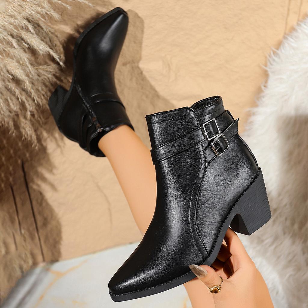 British High-heeled Martin Boots Plus Size Autumn Belt Buckle Side Zipper Thick-heeled Fashion Boots 43