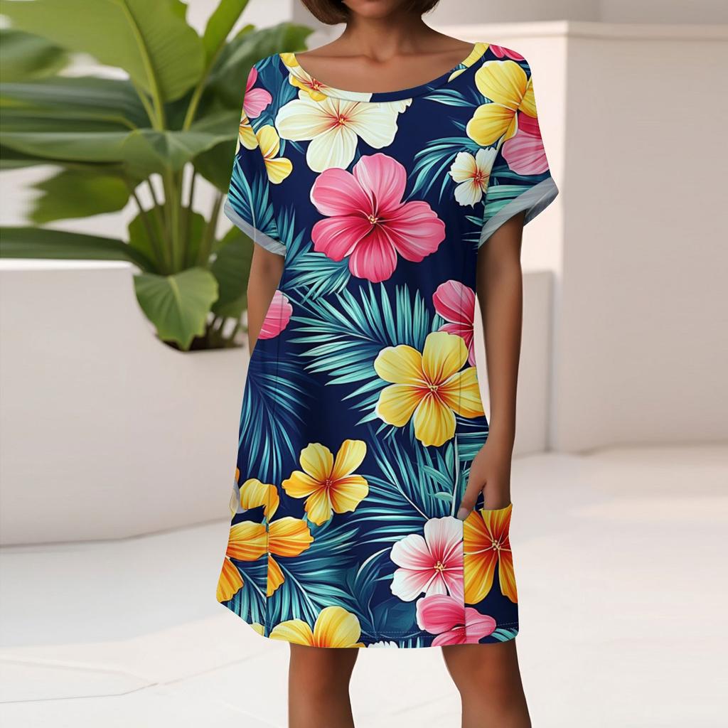 Women's Fashion Short Sleeve Dress With Pockets Floral Print Casual Beach Dress